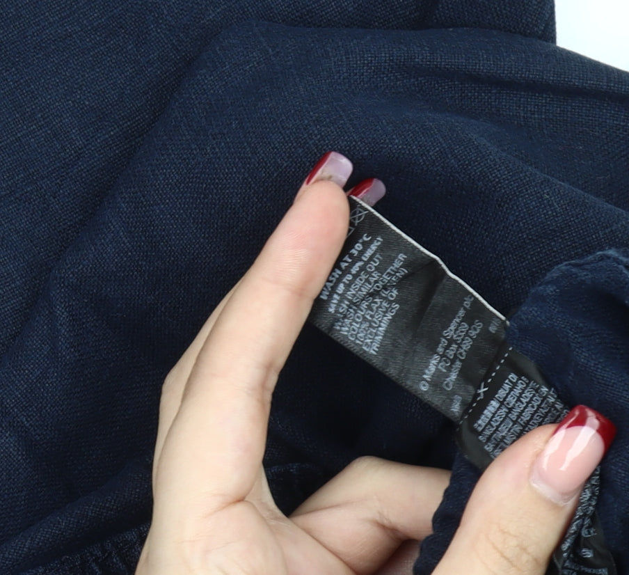 Marks and Spencer Womens Blue Linen Cropped Wide-Leg Trousers Size 14