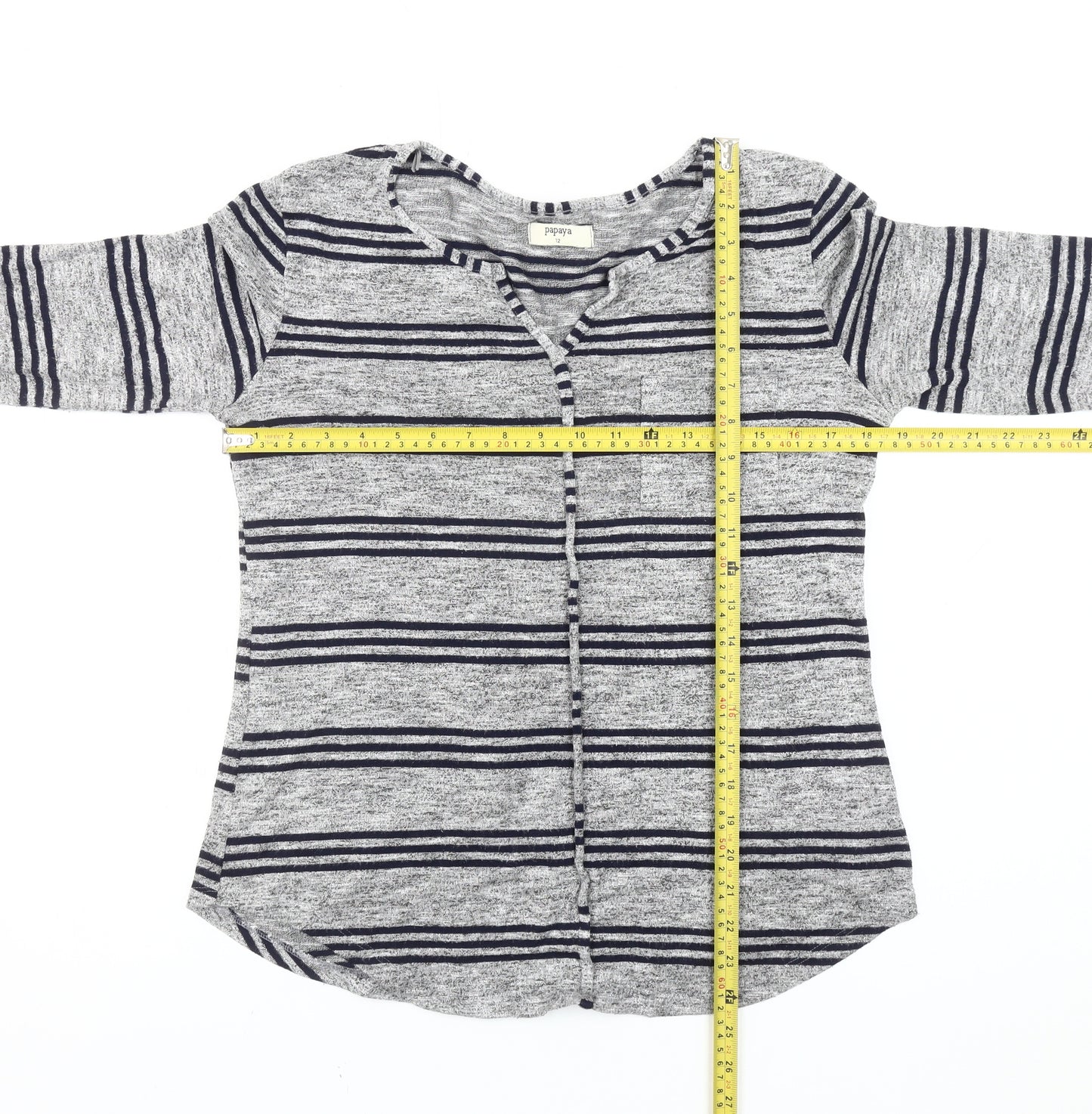 Papaya Women’s Grey Striped Cardigan UK 12 3/4 Sleeve Knit