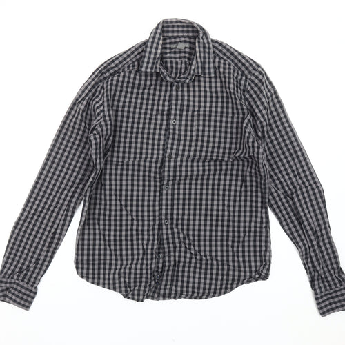 Gap Men’s Black Grey Slim Fit Checked Long Sleeve Button-Up Shirt Size 14-14.5