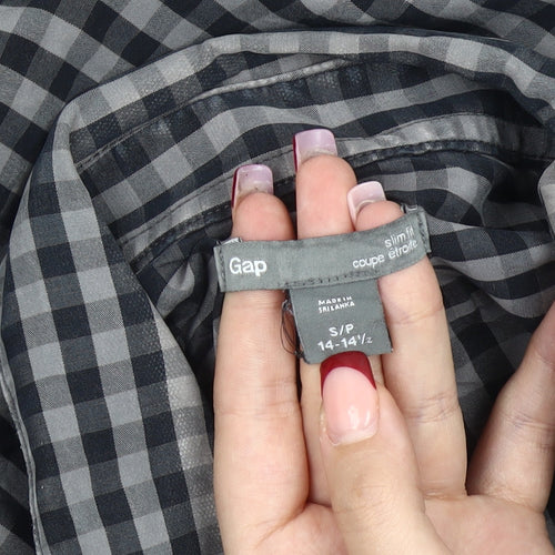 Gap Men’s Black Grey Slim Fit Checked Long Sleeve Button-Up Shirt Size 14-14.5