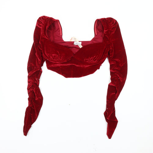 Oh Polly Womens Red Velvet Cropped Blouse UK 12 Slim Fit Long Sleeve