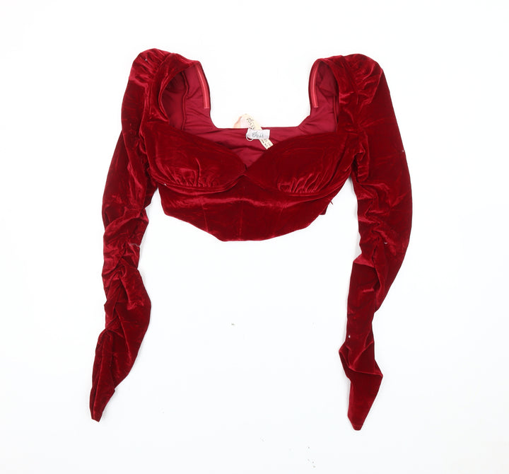 Oh Polly Womens Red Velvet Cropped Blouse UK 12 Slim Fit Long Sleeve