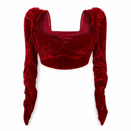 Oh Polly Womens Red Velvet Cropped Blouse UK 12 Slim Fit Long Sleeve