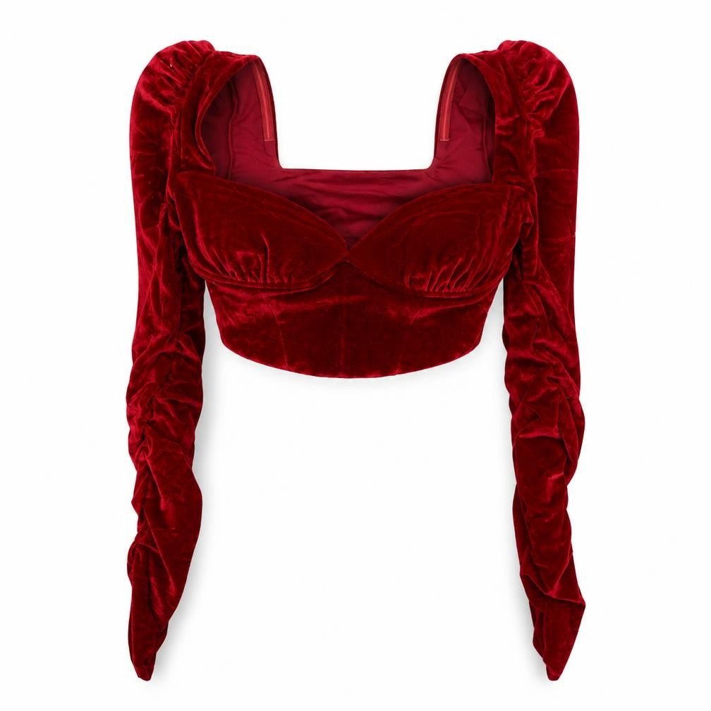 Oh Polly Womens Red Velvet Cropped Blouse UK 12 Slim Fit Long Sleeve