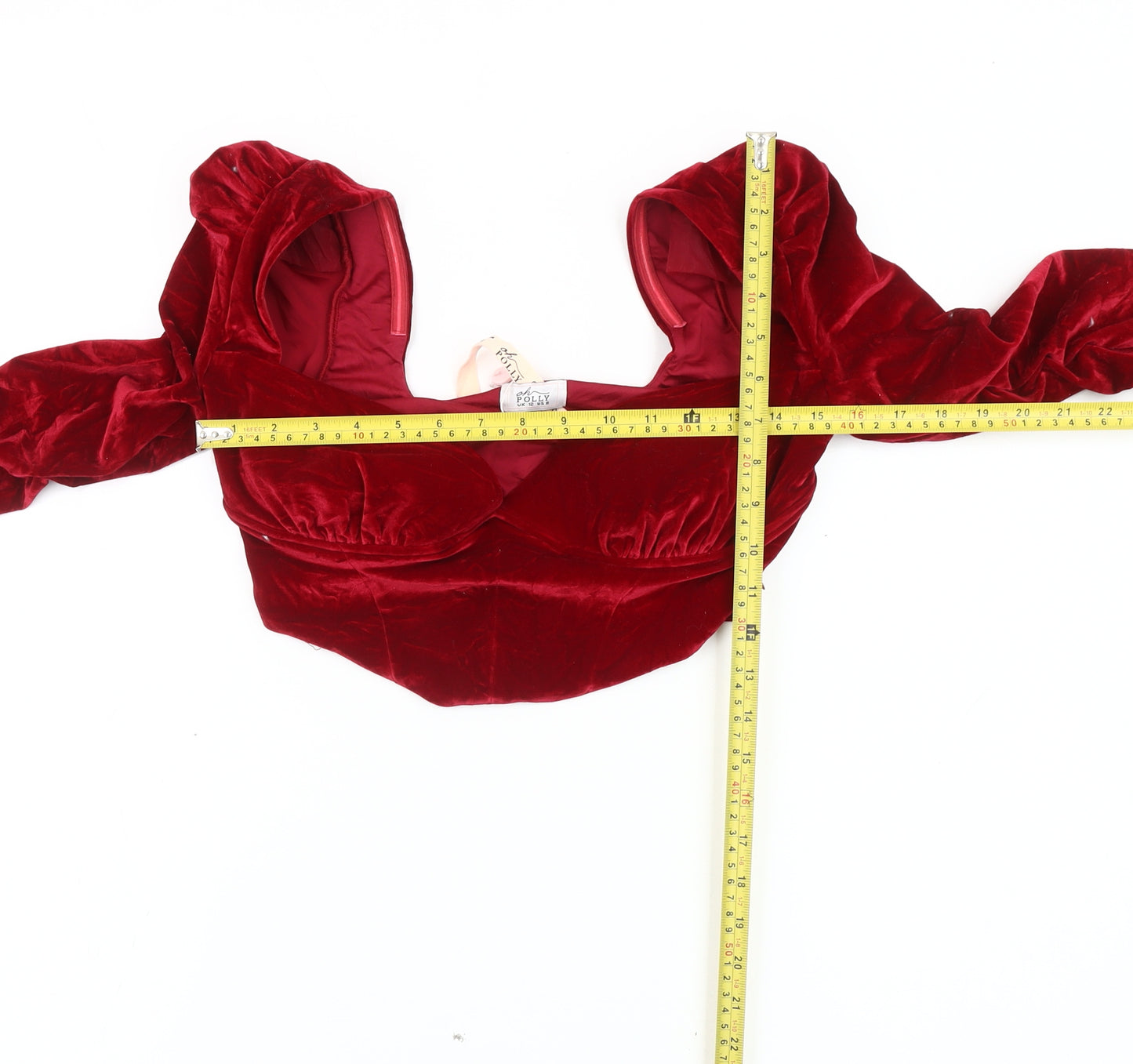 Oh Polly Womens Red Velvet Cropped Blouse UK 12 Slim Fit Long Sleeve