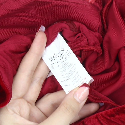 Oh Polly Womens Red Velvet Cropped Blouse UK 12 Slim Fit Long Sleeve