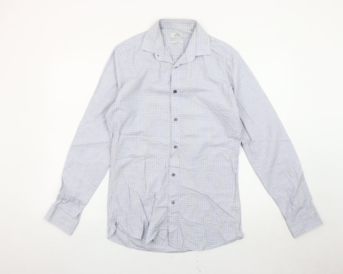 Next Men’s Blue Check Slim Fit Long Sleeve Cotton Shirt 14.5in Collar
