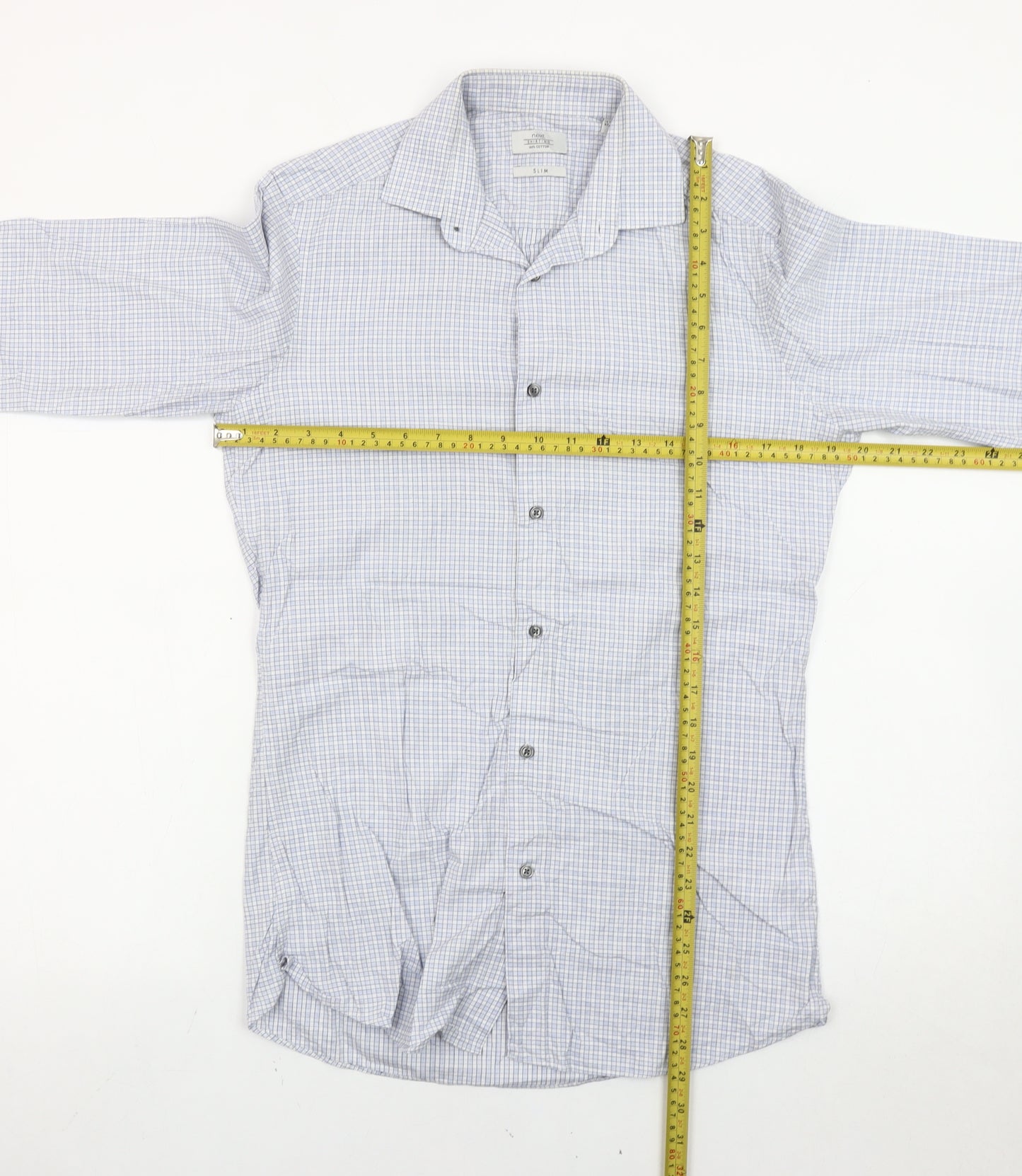 Next Men’s Blue Check Slim Fit Long Sleeve Cotton Shirt 14.5in Collar
