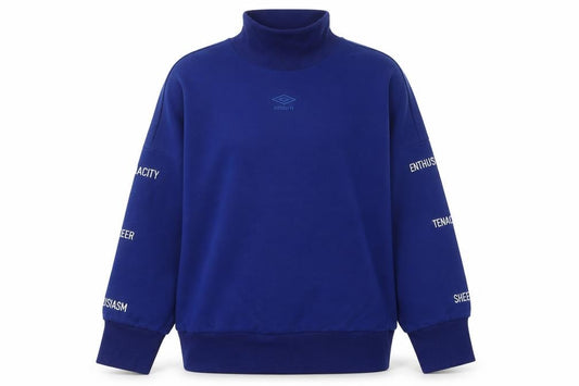 Front view of Umbro women’s blue sweatshirt, size UK 10, high neck pullover sportswear
