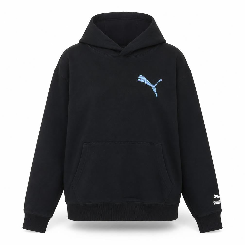 Front view of Puma women’s black hoodie uk 6 graphic print pullover sweatshirt