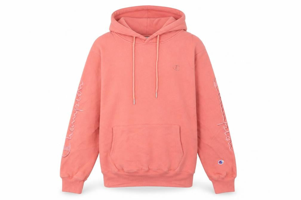 Front view of Champion women’s pink hoodie, size UK 10, uk pullover logo sweatshirt