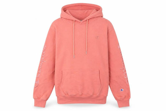 Front view of Champion women’s pink hoodie, size UK 10, uk pullover logo sweatshirt