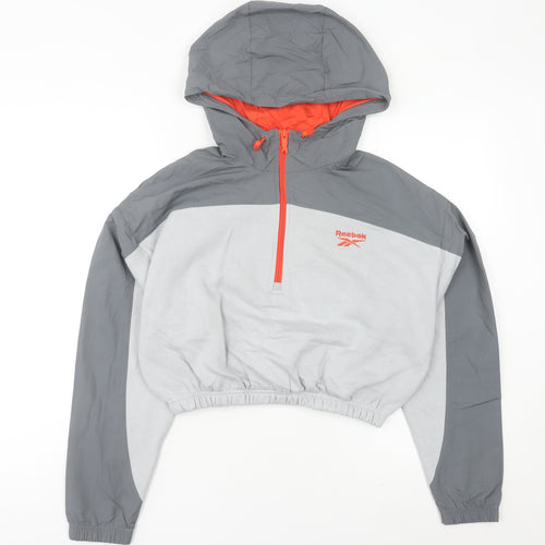 Reebok Women’s Grey Hooded Sweatshirt UK 8 1/2 Zip Logo Pullover