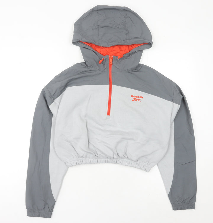 Reebok Women’s Grey Hooded Sweatshirt UK 8 1/2 Zip Logo Pullover