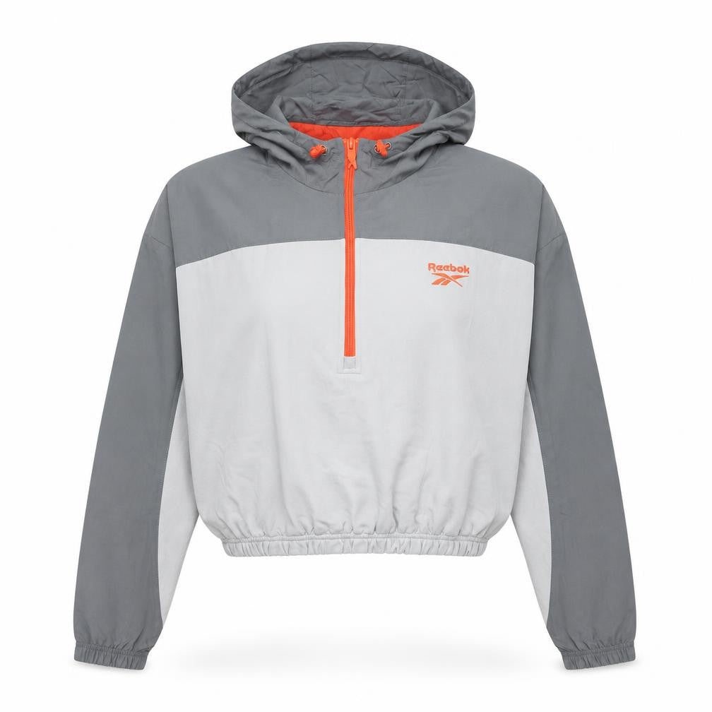 Front view of Reebok Women’s Grey Hooded Sweatshirt UK 8 1/2 Zip Logo Pullover