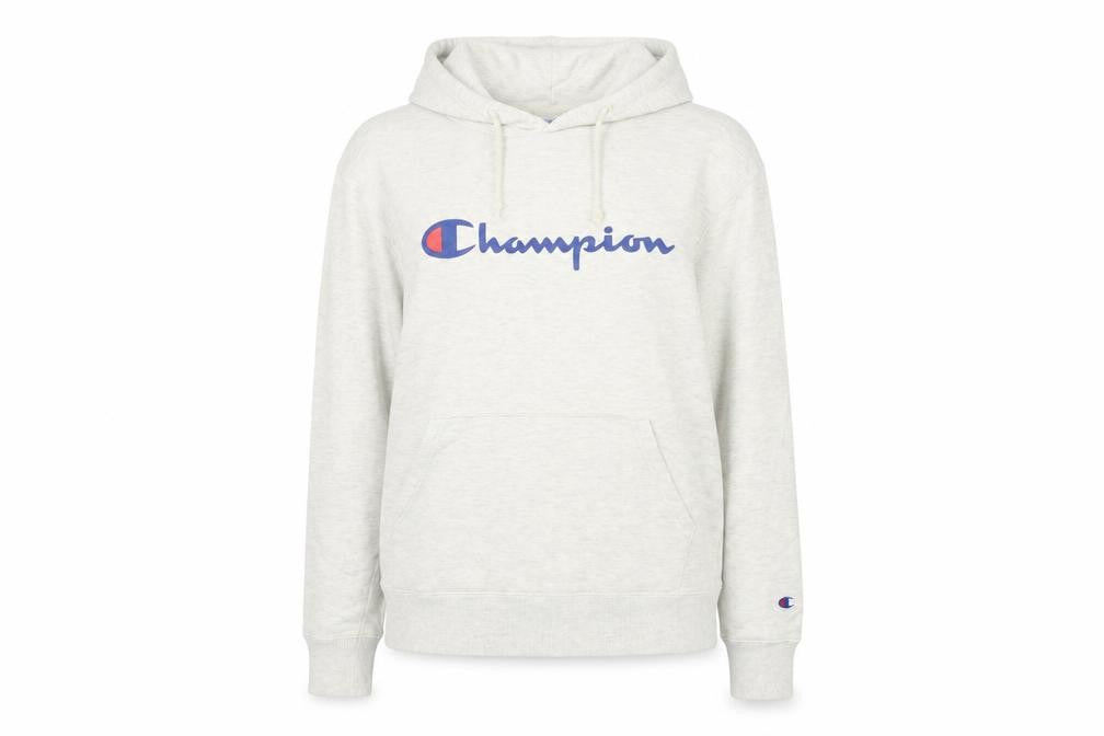 Front view of Champion women’s beige hoodie, size UK 10, uk large logo pullover