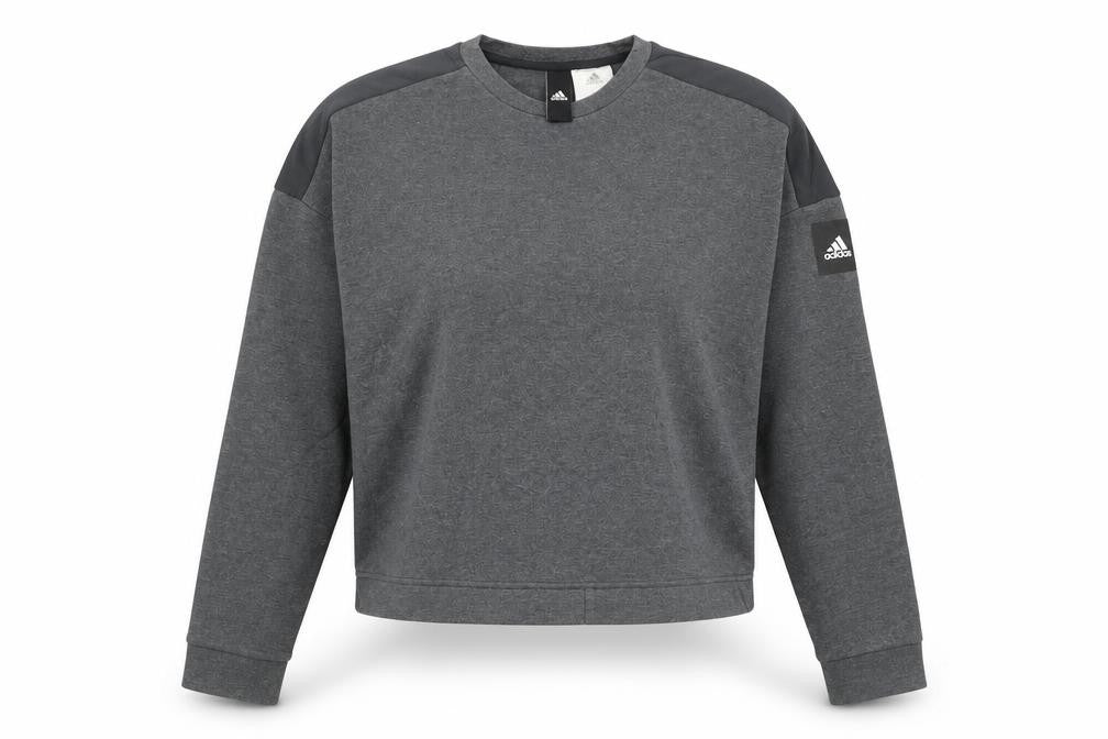 Front view of Adidas women’s grey sweatshirt, size UK 10, crew neck long sleeve