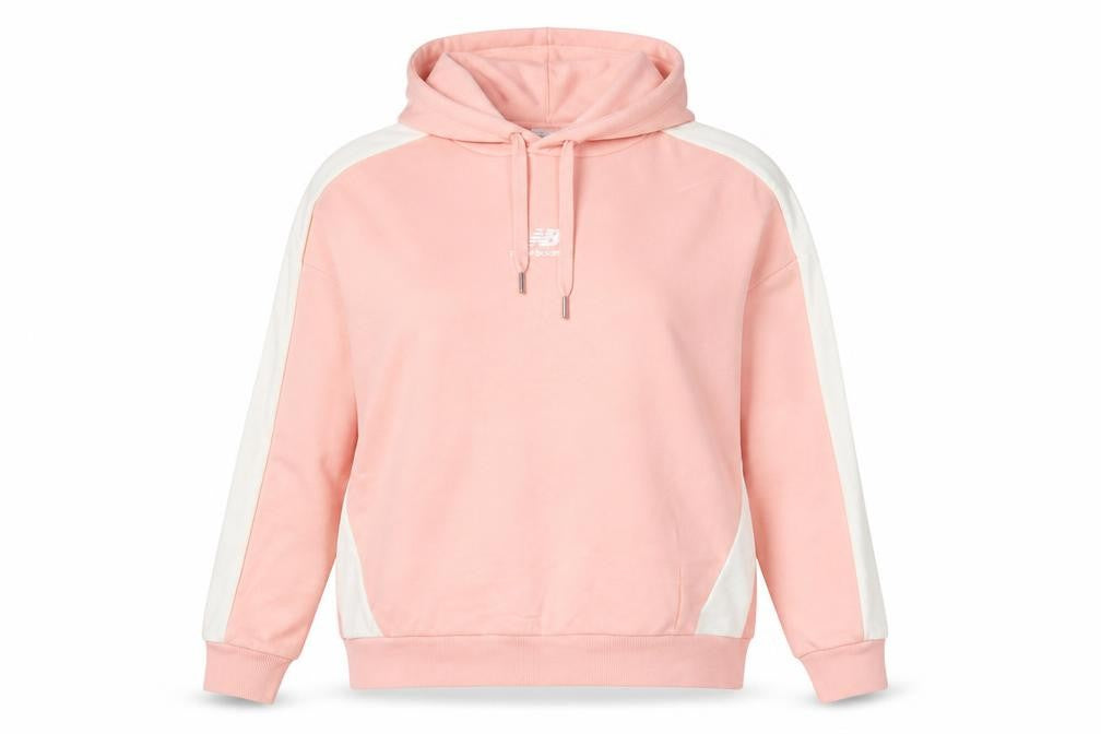 Front view of New Balance women’s pink hoodie, size UK 8, pullover logo casual