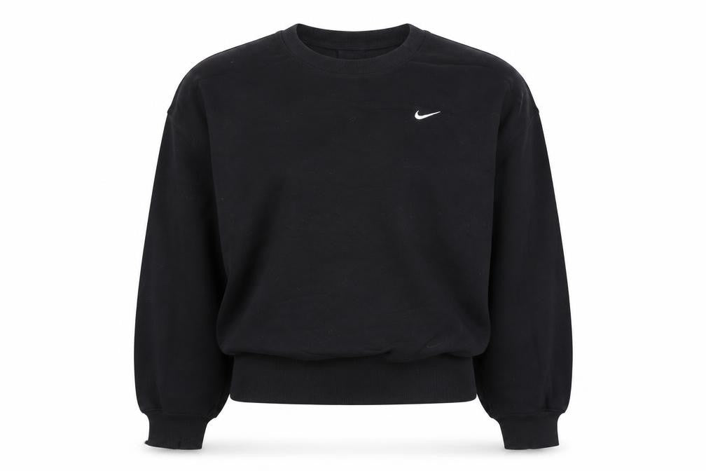 Front view of Nike women’s black crew neck pullover sweatshirt, size UK 10