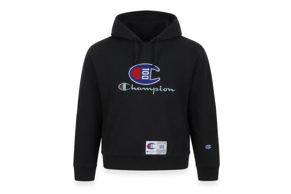 Front view of Champion women’s black hoodie, size UK 10, pullover embroidered logo