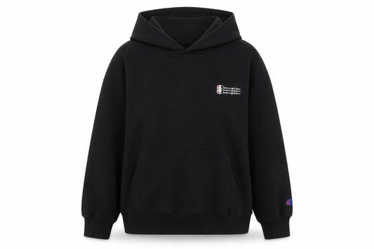 Front view of Champion women’s black, size UK 10, pullover hoodie with logo