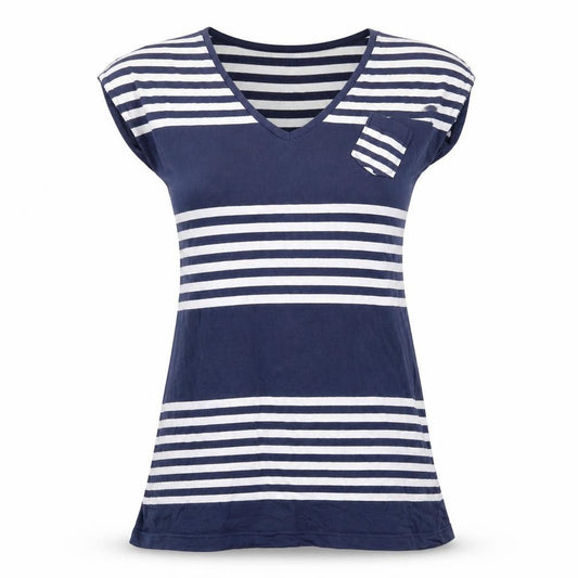 Front view of Brave Soul women’s blue striped t-shirt dress, size M, v-neck sleeveless