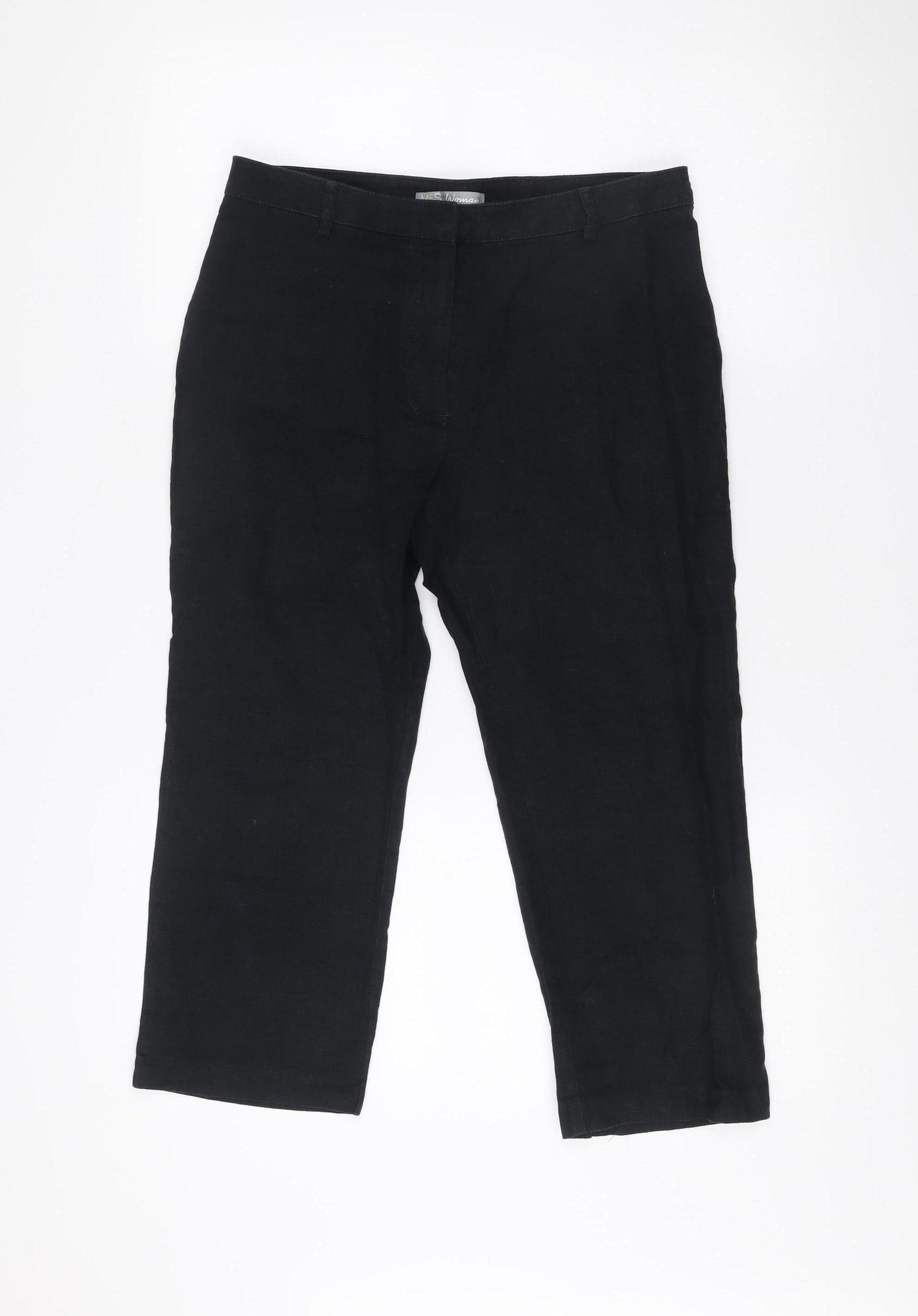 Marks and Spencer Womens Black Linen Blend Straight Leg Trousers Size 10
