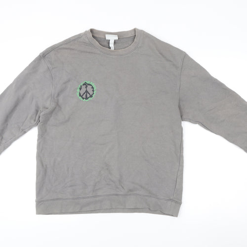 H&M Men’s Grey Relaxed Fit Sweatshirt M Graphic Print Pullover