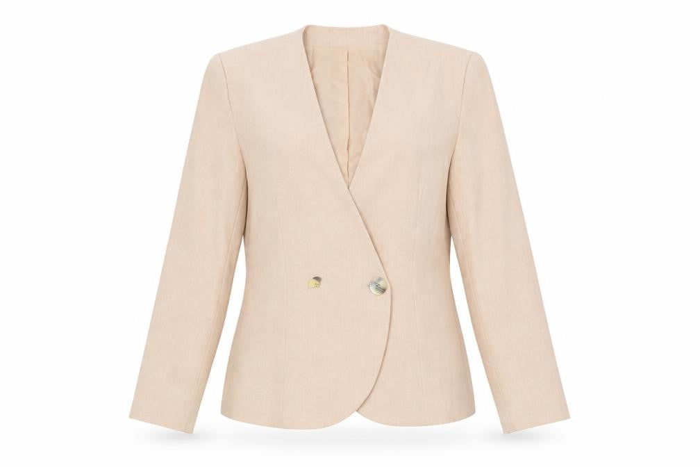Front view of Jacques Vert Women’s Beige Wool Blend Double-Breasted Jacket, size UK 12