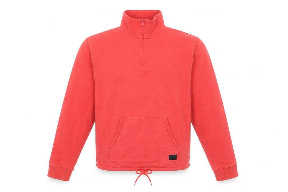 Front view of Vans men’s red small 1/4 zip high neck sweatshirt with pocket