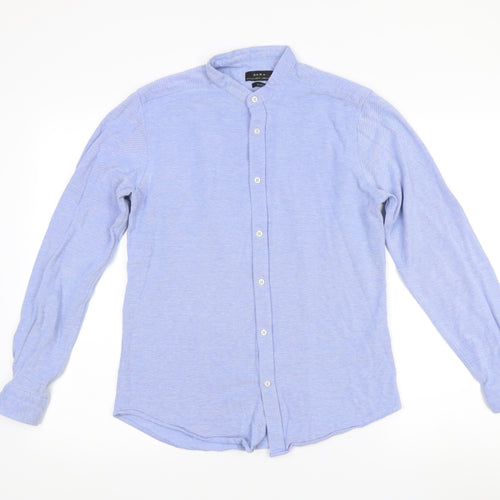 Zara Men's Blue Slim Fit Band Collar Long Sleeve Cotton Shirt M