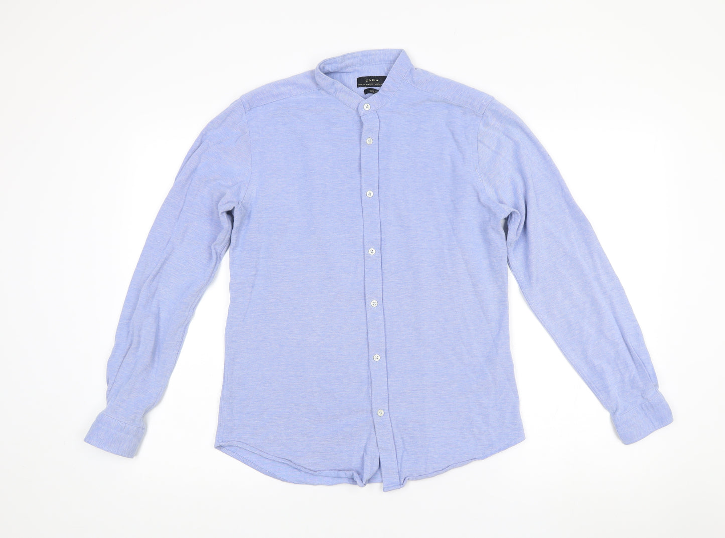 Zara Men's Blue Slim Fit Band Collar Long Sleeve Cotton Shirt M
