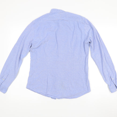 Zara Men's Blue Slim Fit Band Collar Long Sleeve Cotton Shirt M
