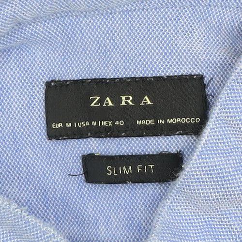 Zara Men's Blue Slim Fit Band Collar Long Sleeve Cotton Shirt M