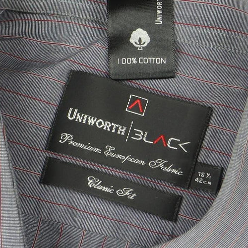 Unworth Black Men’s Grey Striped Cotton Formal Dress Shirt 16” Collar