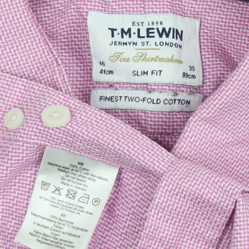 T.M. Lewin Men’s Pink Slim Fit Herringbone Long Sleeve Cotton Dress Shirt 16 41cm