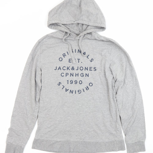 Jack & Jones Mens Grey Pullover Hoodie M Logo Print Casual Cotton