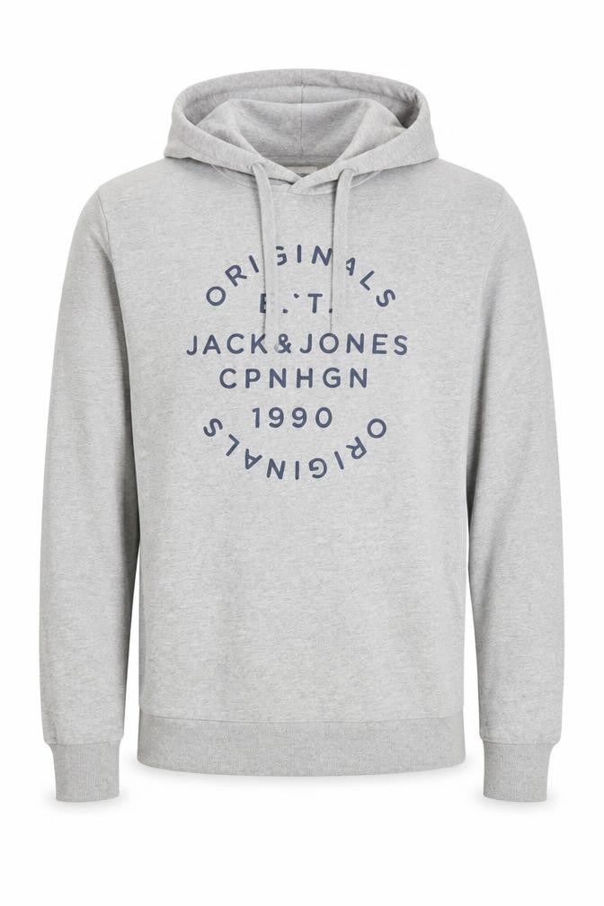 Front view of Jack & Jones men’s grey pullover hoodie m logo print casual cotton