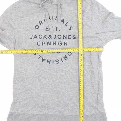 Jack & Jones Mens Grey Pullover Hoodie M Logo Print Casual Cotton