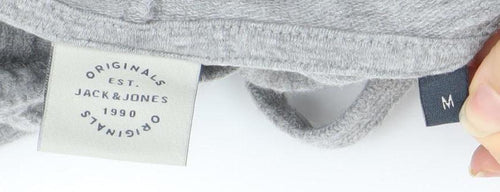 Jack & Jones Mens Grey Pullover Hoodie M Logo Print Casual Cotton