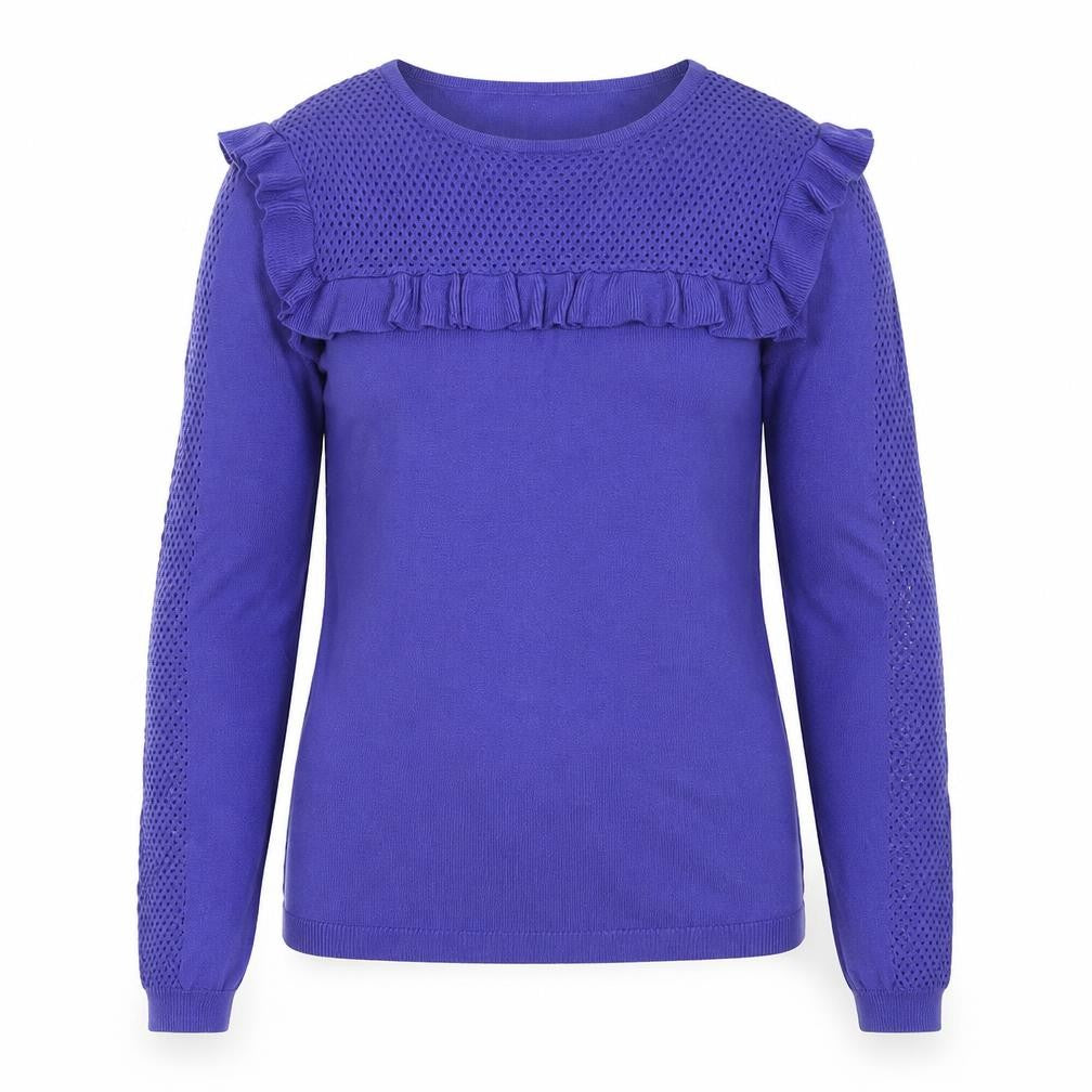 Front view of Red Herring women’s purple ruffle knit blouse, size UK 10, long sleeve