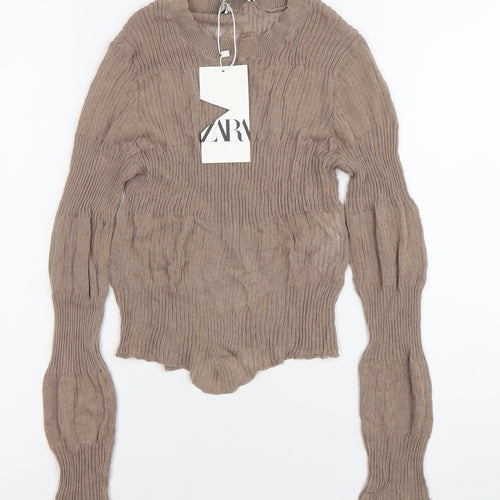 Zara Women Brown Knit Long Sleeve Crew Neck Blouse Size M