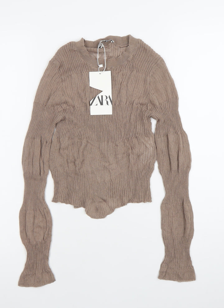 Zara Women Brown Knit Long Sleeve Crew Neck Blouse Size M