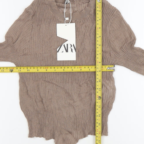 Zara Women Brown Knit Long Sleeve Crew Neck Blouse Size M