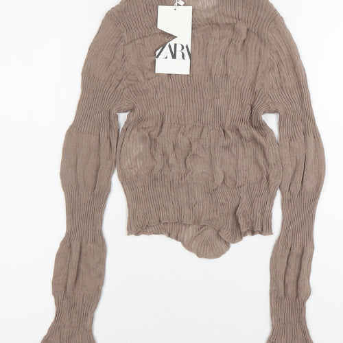 Zara Women Brown Knit Long Sleeve Crew Neck Blouse Size M