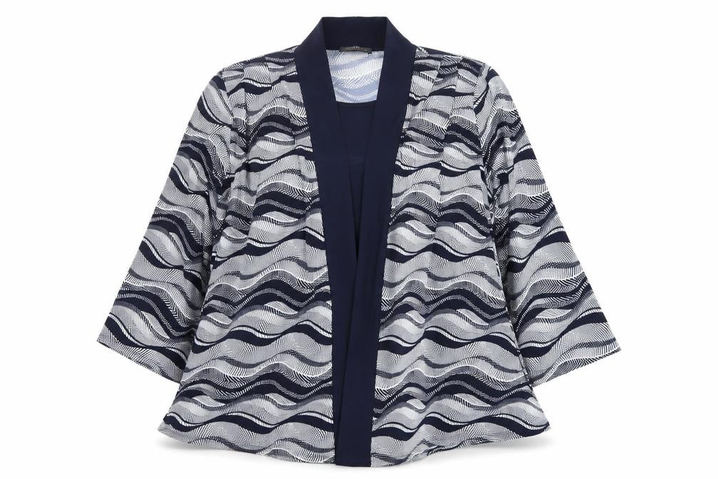 Front view of Forever by Michael Gold women’s black white xl kimono blouse