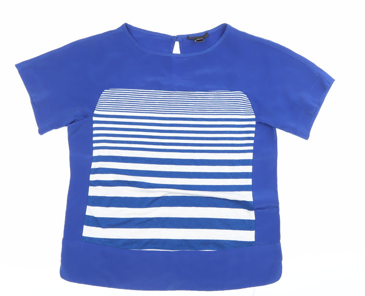MNG Collection Womens Blue Striped Blouse Size 10 Short Sleeve