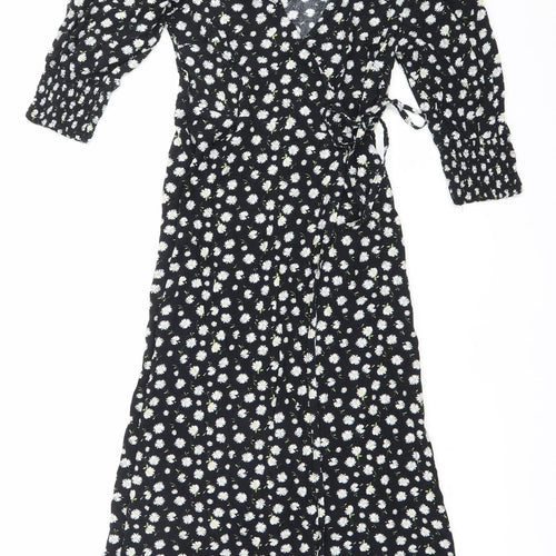 Mystic Threads Womens Black Floral XS Midi Wrap Dress Long Sleeve