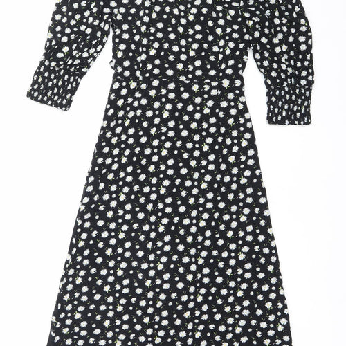 Mystic Threads Womens Black Floral XS Midi Wrap Dress Long Sleeve