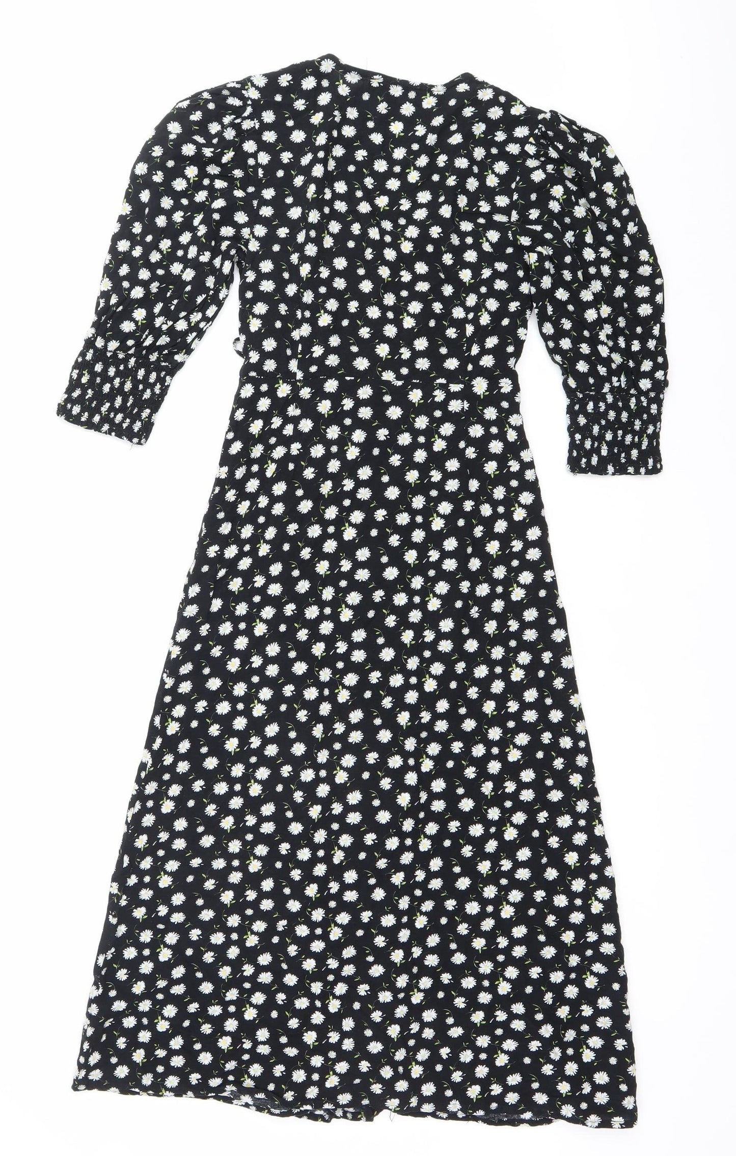Mystic Threads Womens Black Floral XS Midi Wrap Dress Long Sleeve